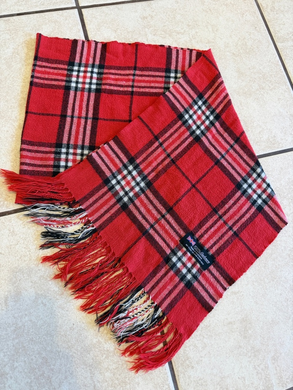 Classic Red Plaid Fringe Scarf 100% cashmere vintage